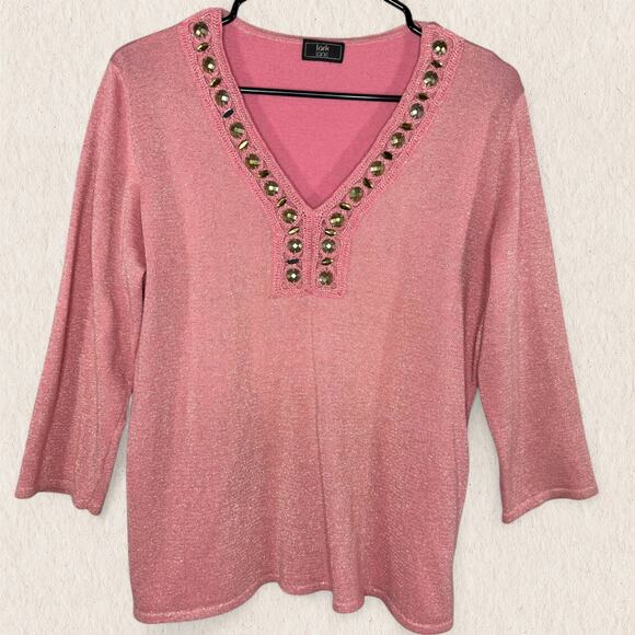 Lark Lane Pink Shimmer Knit Embellished Top Size M – Beaded Fairy Boho Y2K Glam - Picture 1 of 10